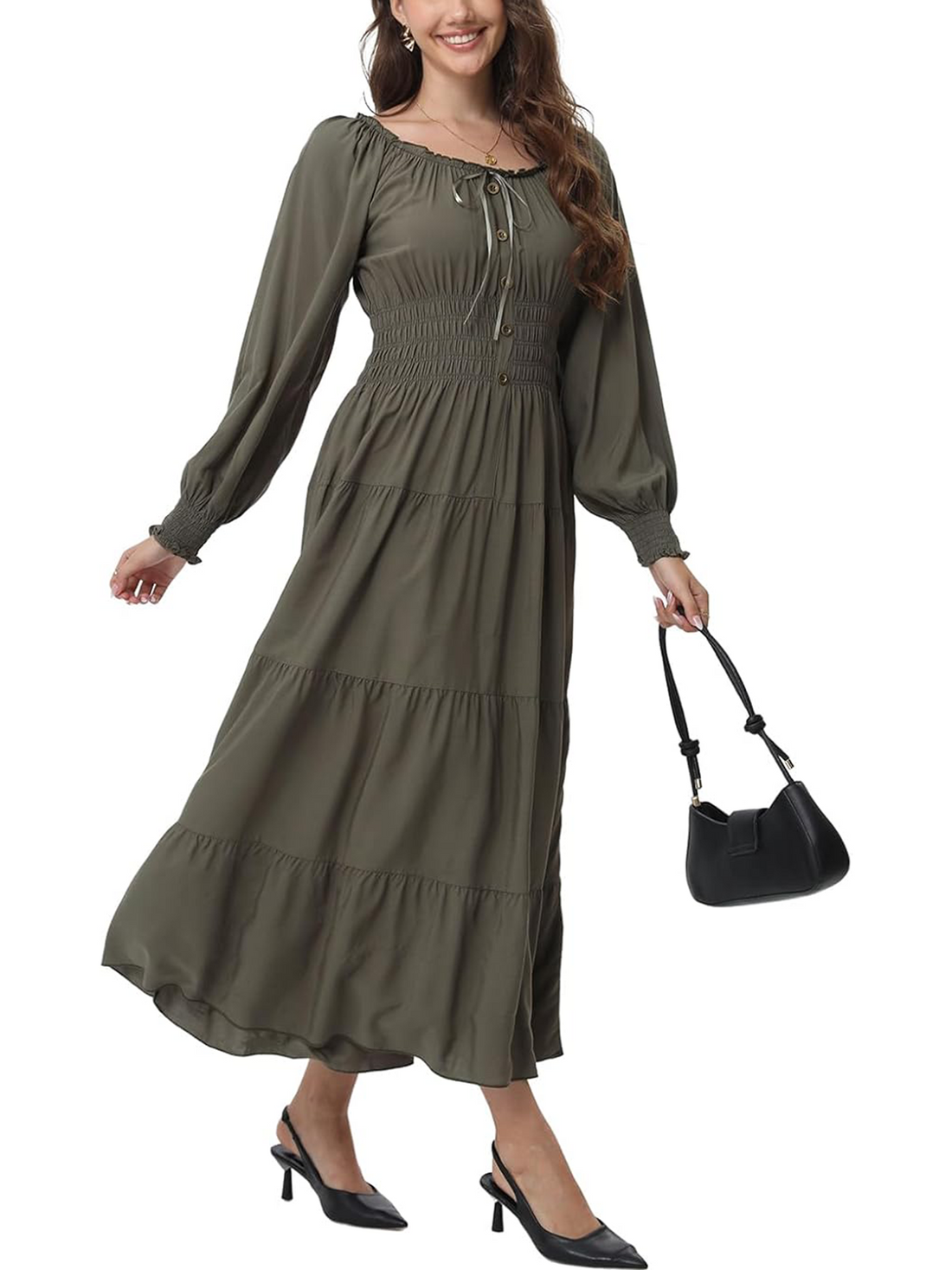 Casual Square Neck Elastic High Waist Aline Maxi Dress