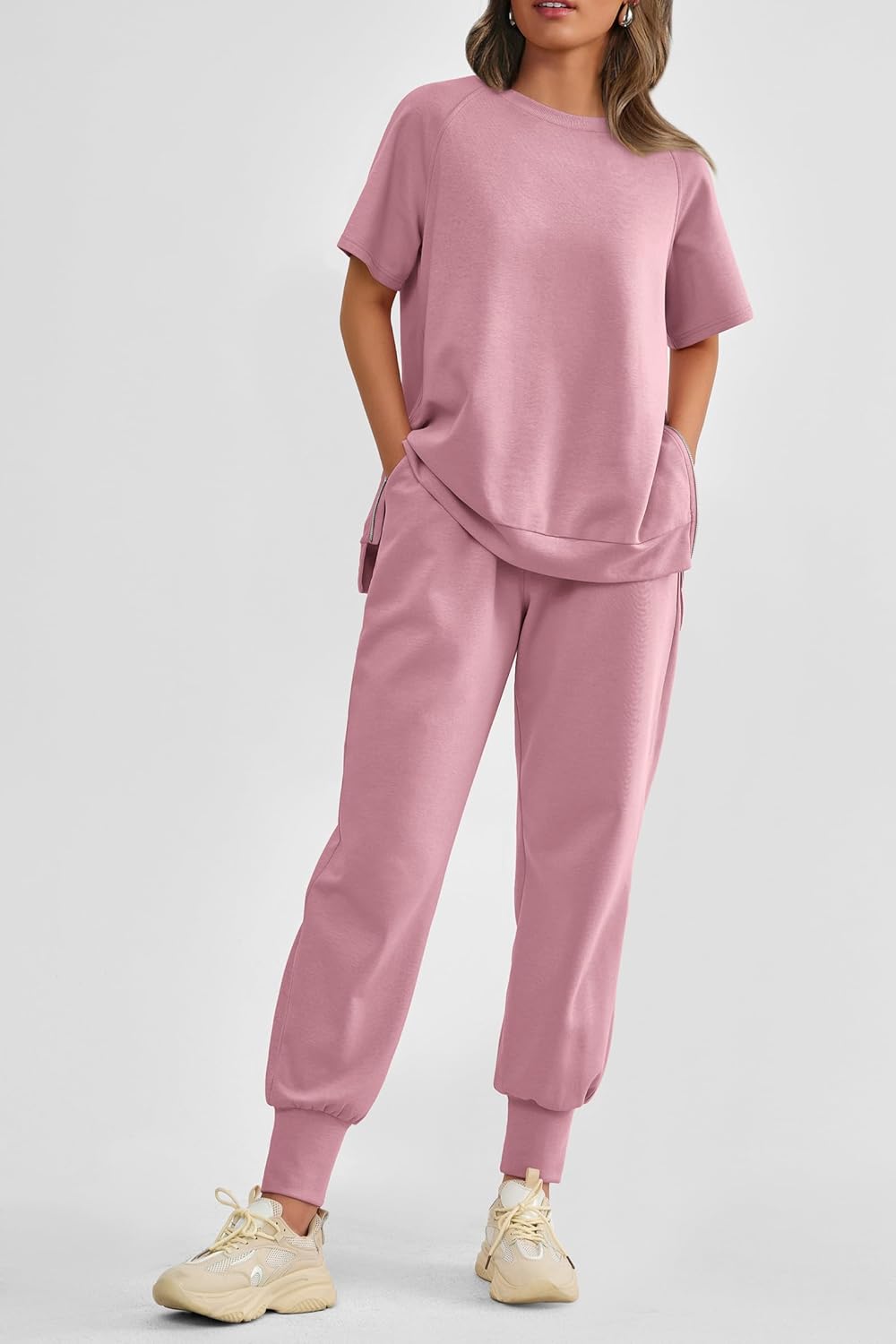 Women's Summer Casual Short Sleeve Tops High Waisted Sweatpants Set