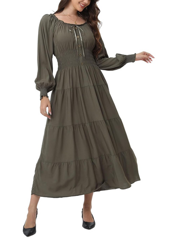Casual Square Neck Elastic High Waist Aline Maxi Dress