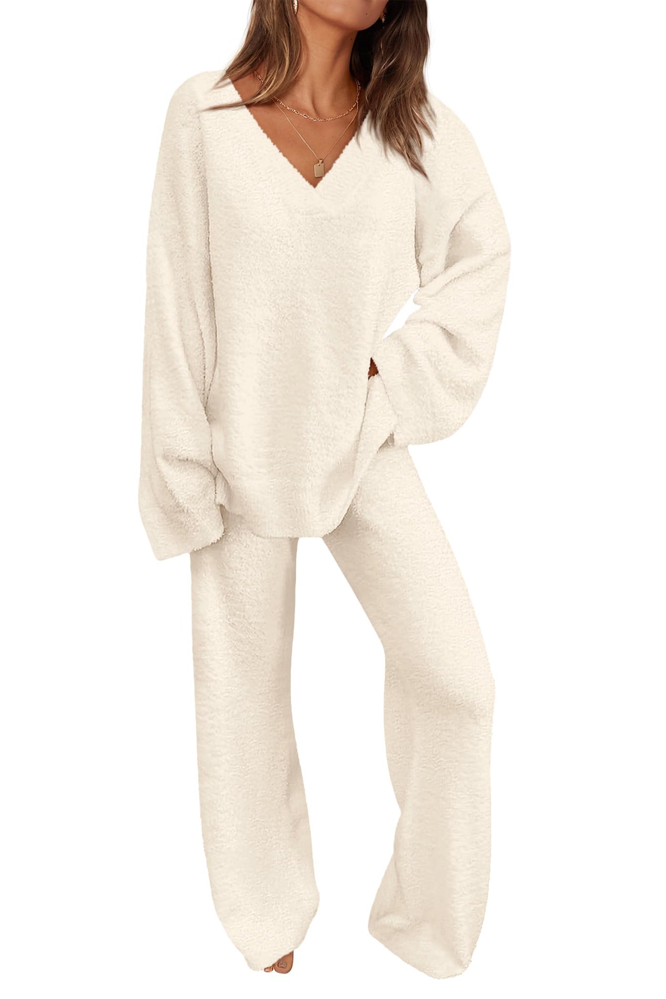 Women's 2 Piece Oversized V Neck Pullover Sweater Fuzzy Lounge Set