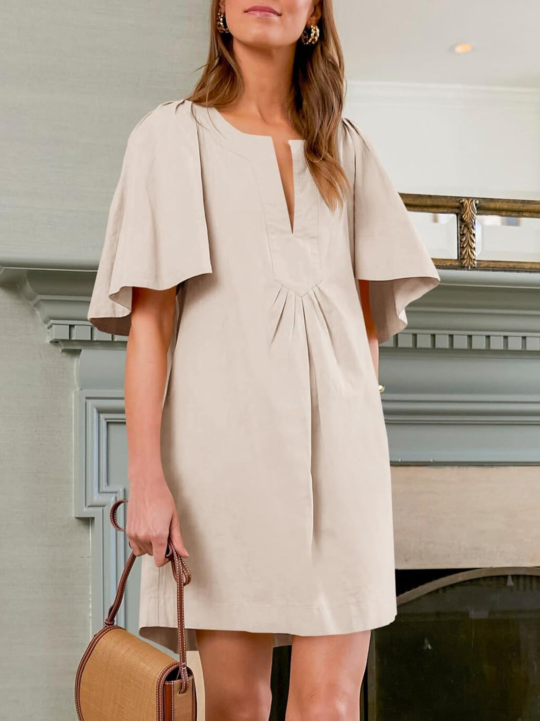 Womens Flutter Short Sleeve Mini Dress Casual V Neck Loose Flowy Summer Dresses