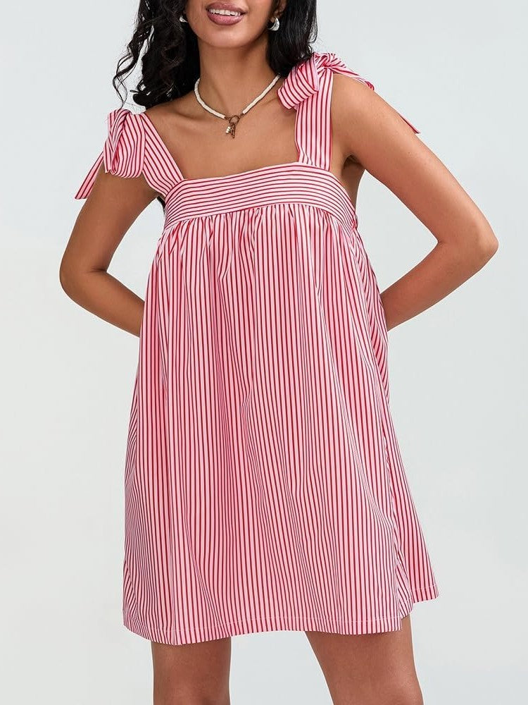 Women's Boho Square Neck Tie Shoulder Sleeveless Floral Mini Dress