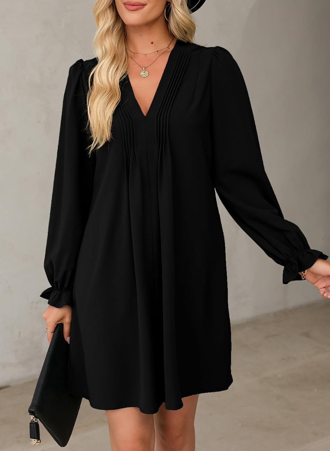 Women's Elegant V-Neck Pleated A-Line Ruffle Sleeve Midi Dress