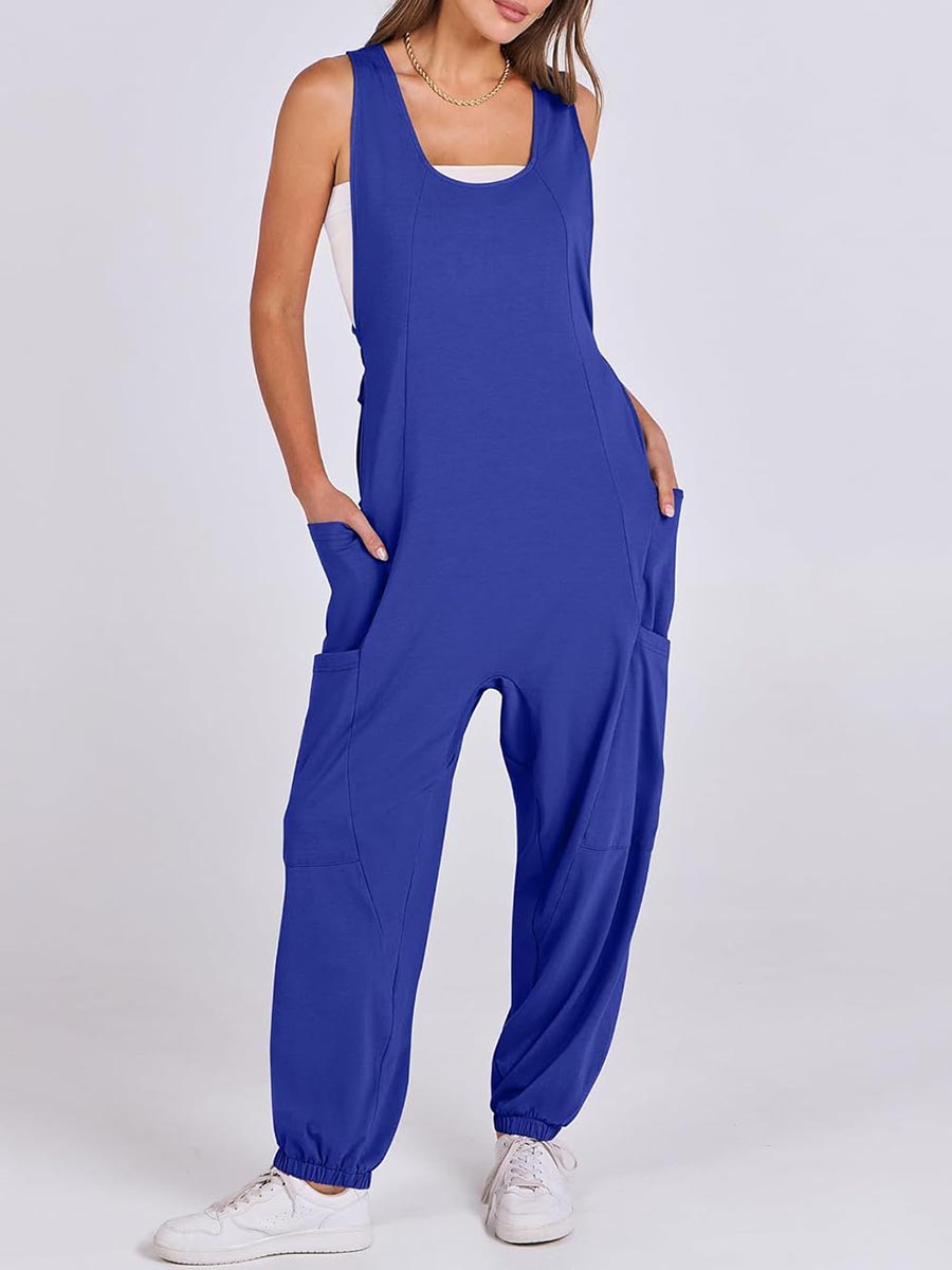 Women's Casual Drawstring Sleeveless Loose Jumpsuit with Pockets