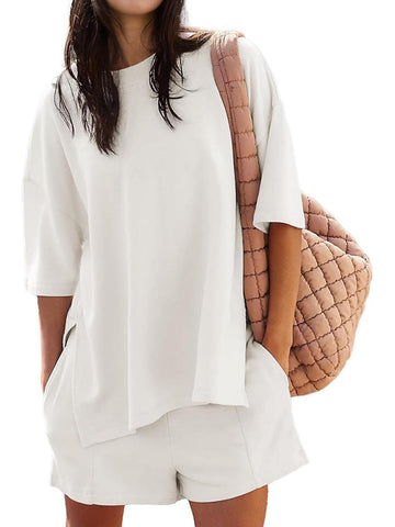 2025 Trendy Casual Solid Color Suit with Slit Top and Shorts