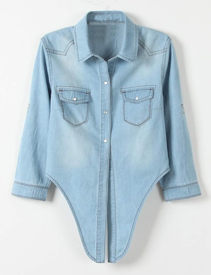 Women's Roll Up 3/4 Sleeve Tie Front Knot Shirt Chambray Denim Crop Top