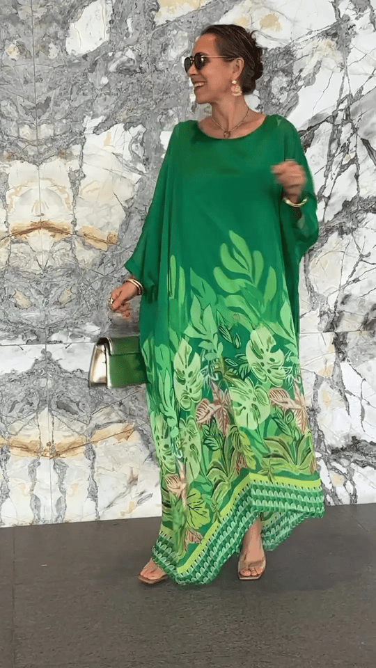 Stylish Floral Plant Print Dress with Round Neck and Long Sleeves