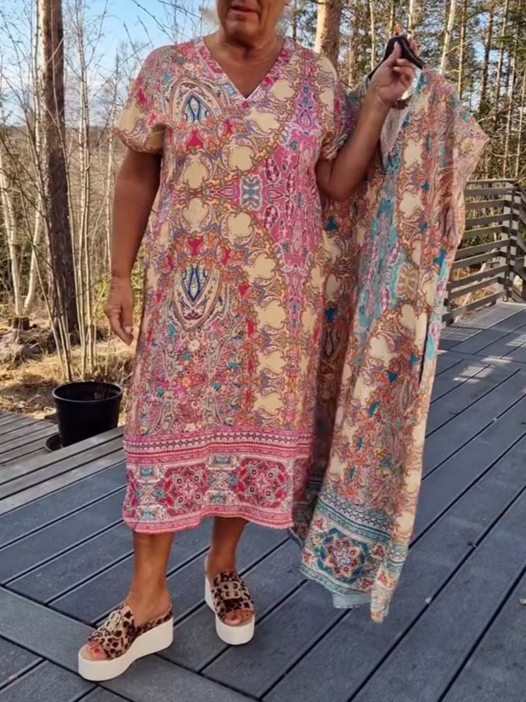 V Neck Dress Short Sleeves Printed Straight