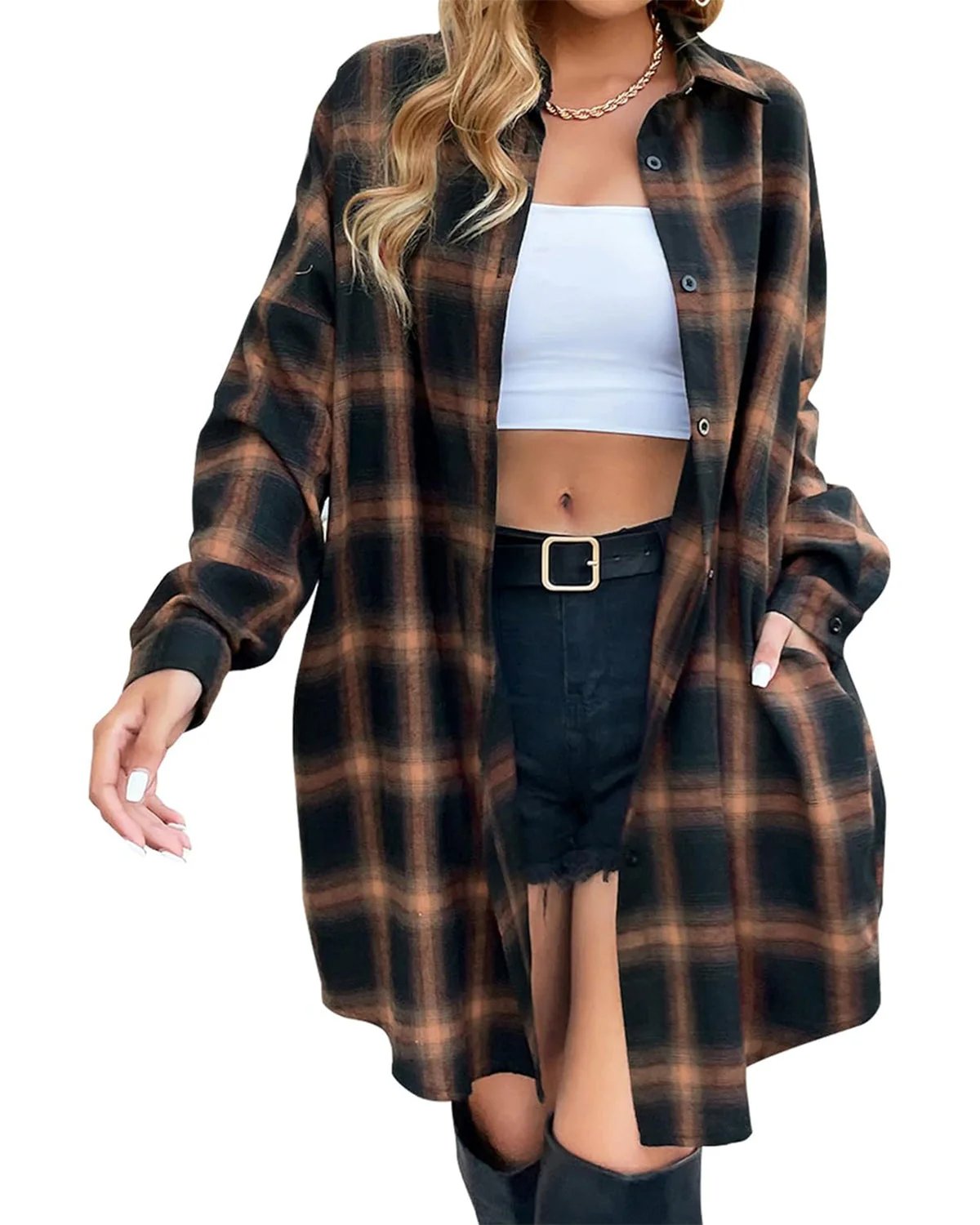 🔥Women's Autumn Button Down Flannel Shirts Plaid Shacket Collared Long Jacket Coats