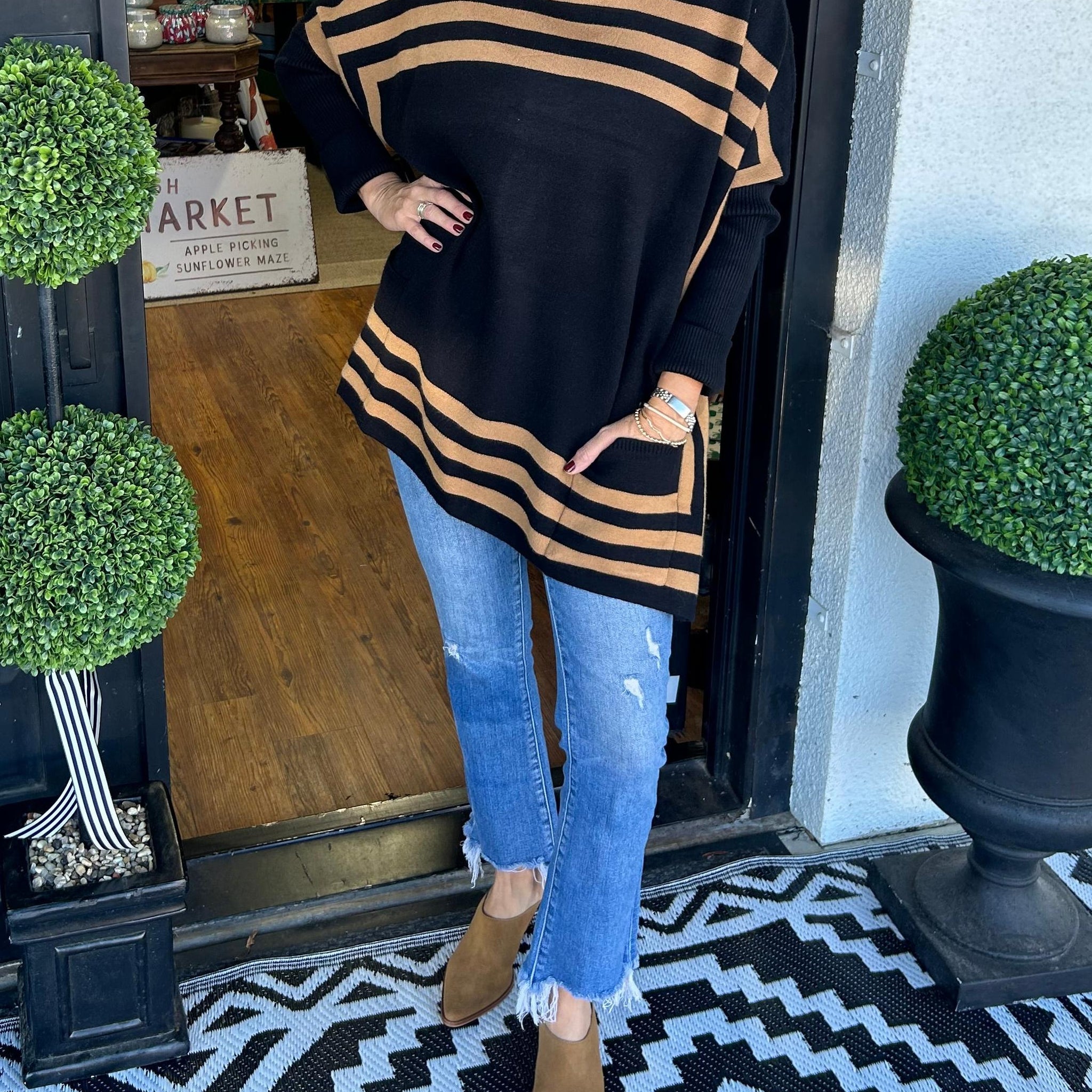 Women's High Neck Bat Sleeve Striped Sweater