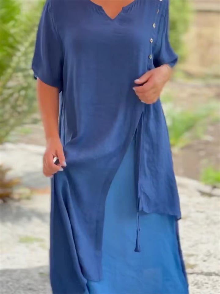 Spring/Summer V-neck Short-Sleeved Fake Two-Piece Irregular Casual Dress