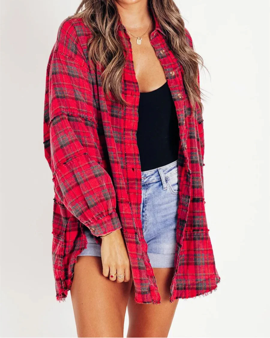 Oversized Women's Seamed Raw Edge Washed Shirt Jacket