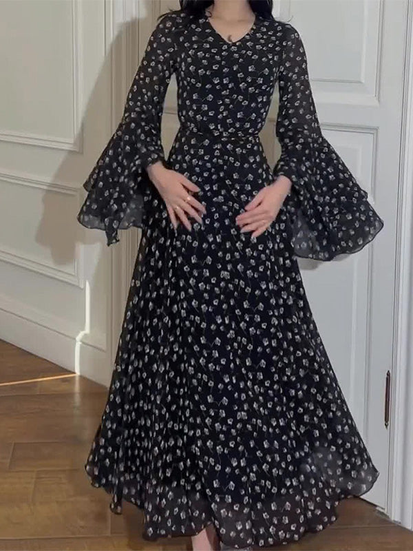Elegant Print Lotus Sleeves Dress