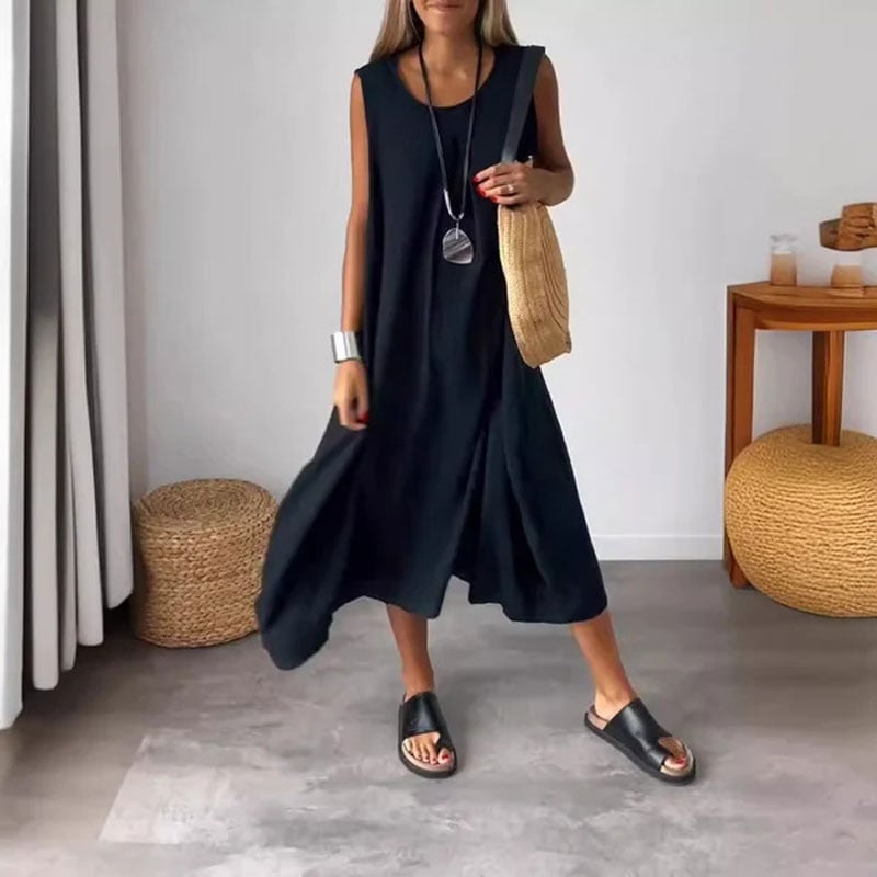 Cotton And Linen Sleeveless Casual Dress with Pocket