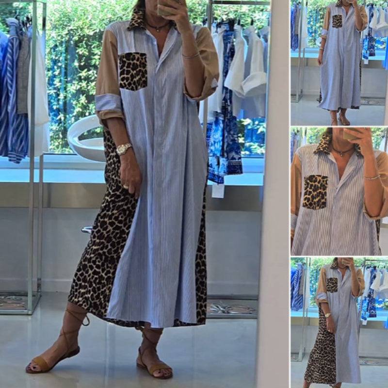 Loose Women's Shirt Dress In Leopard And Stripes