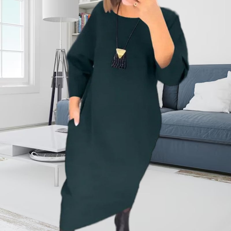 Women's Solid Color Pocket Round Neck Long Sleeve Dress