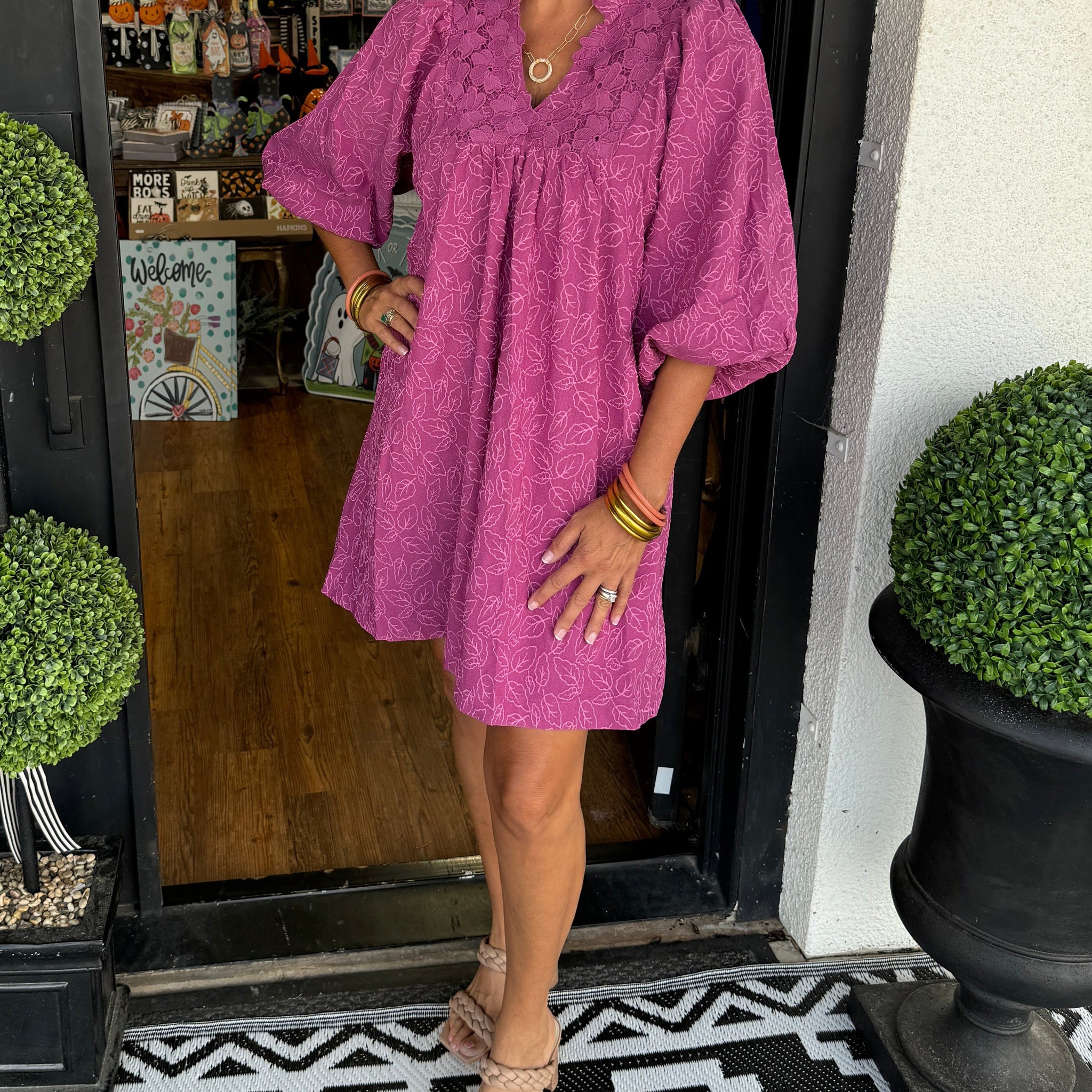 Women's Puff Sleeve Leaf Jacquard Mini Dress