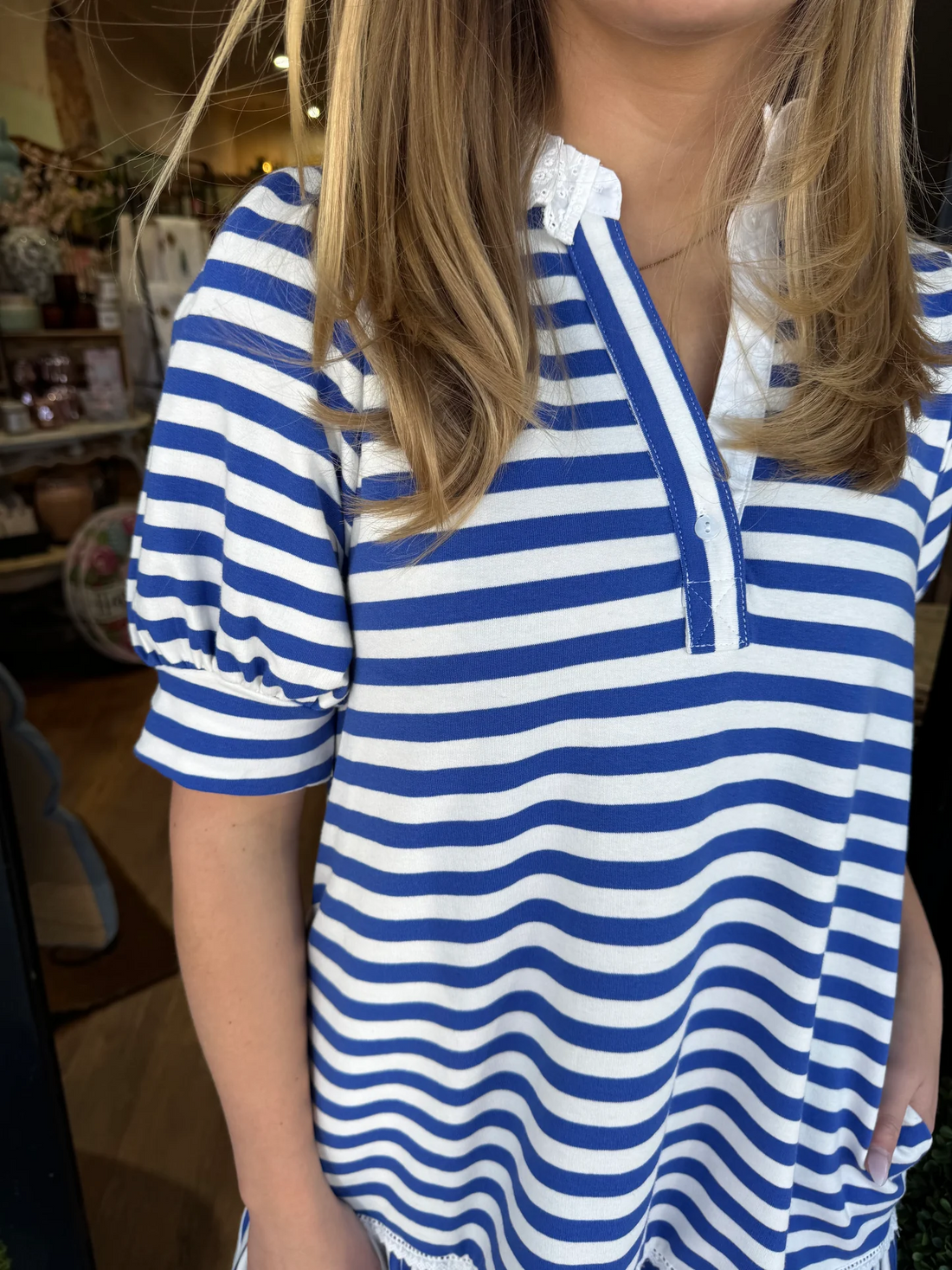 Women's V-neck Striped Layered Puff Sleeve Dress