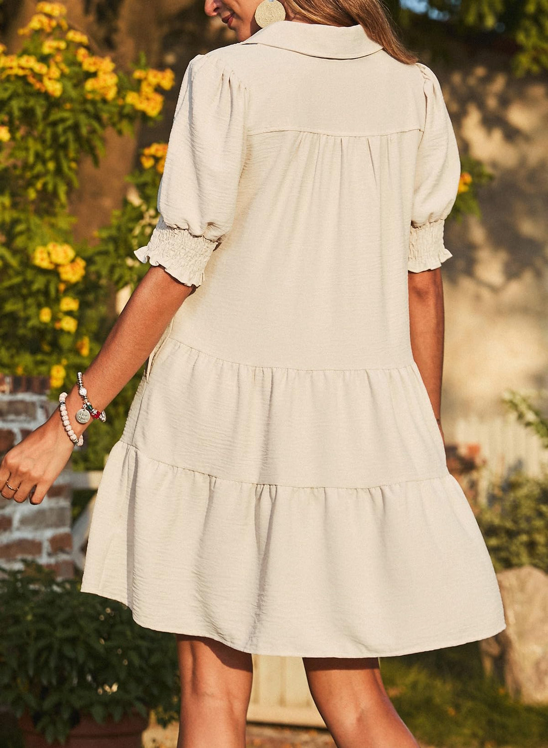 Smocked Sleeve Tiered V-Neck Mini Dress