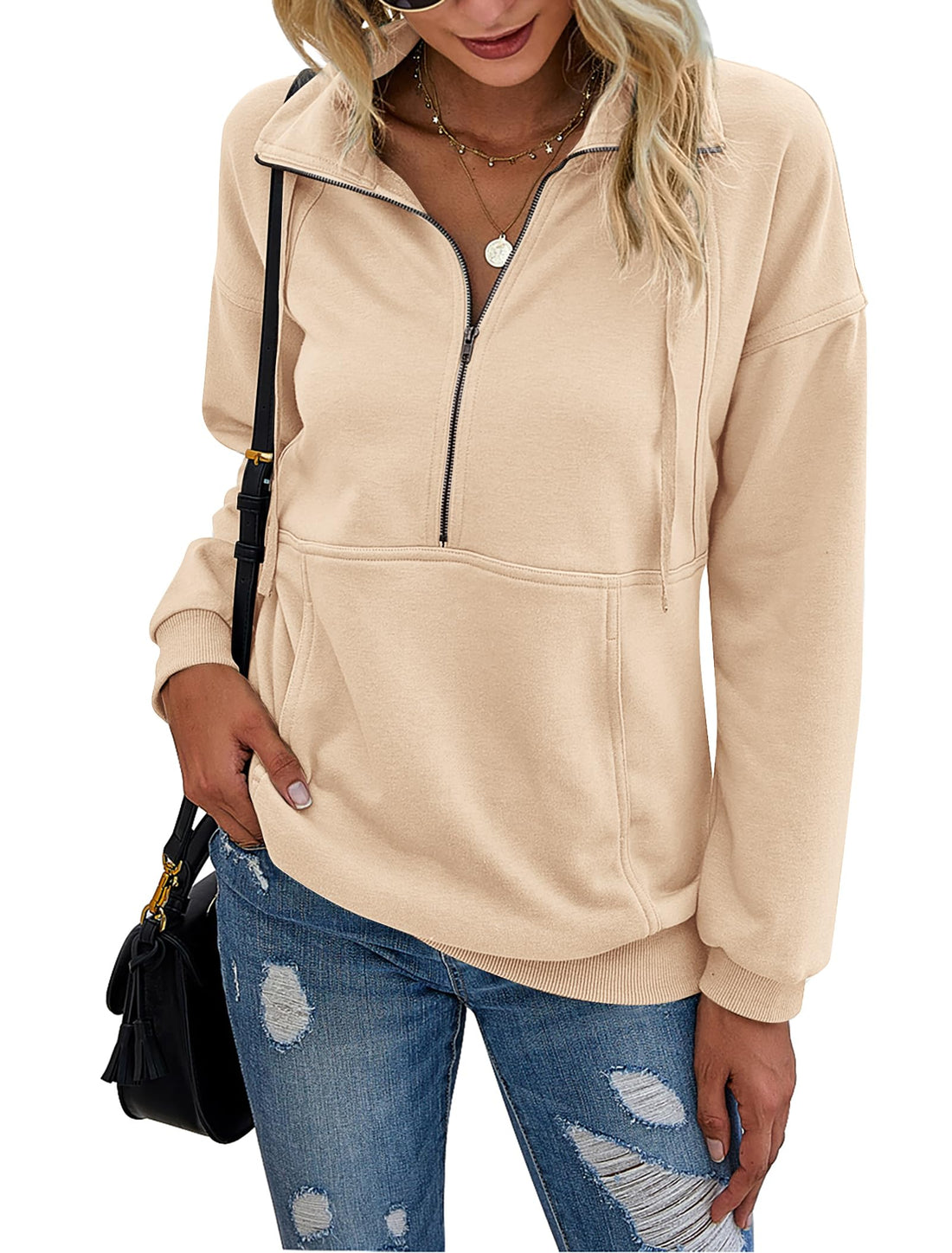 Women's Casual Long Sleeve Lapel Zipper Sweatshirt Drawstring Loose Pullover Tops
