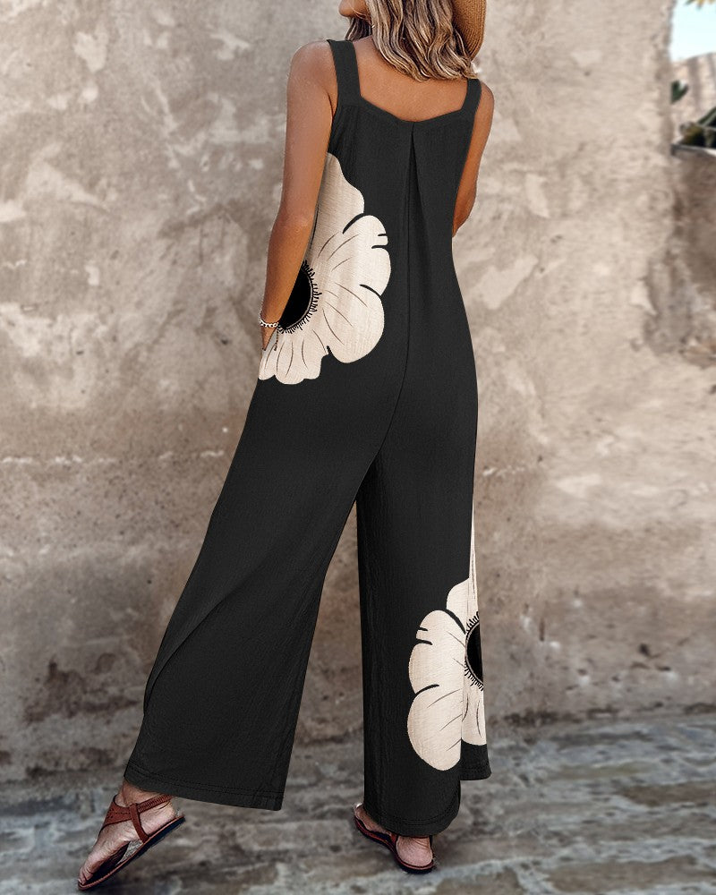 Floral Pattern Thick Strap Ruched Jumpsuit Casual Loose Fit Overall with Pockets