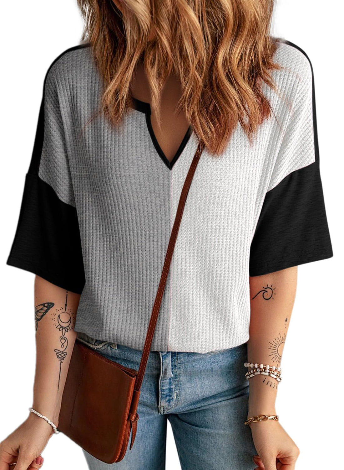Women's Half Sleeve Waffle Knit Casual V Neck Colorblock Patchwork Shirts