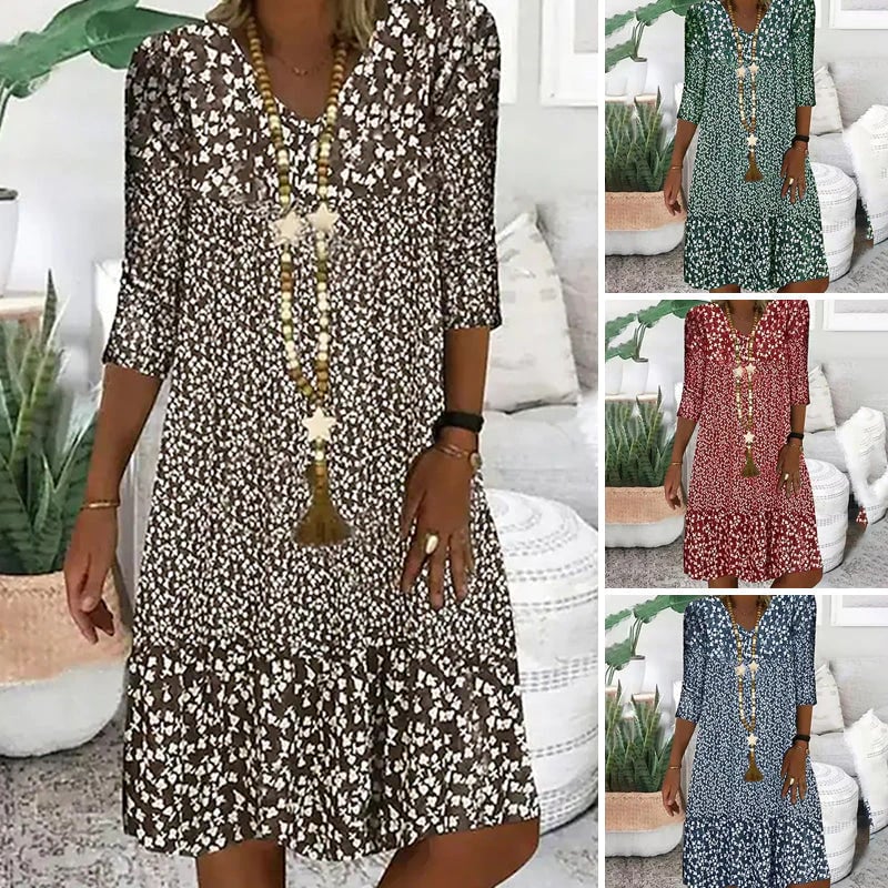 Women's Fashion Printed Women's Mid-Sleeve V-Neck Dress