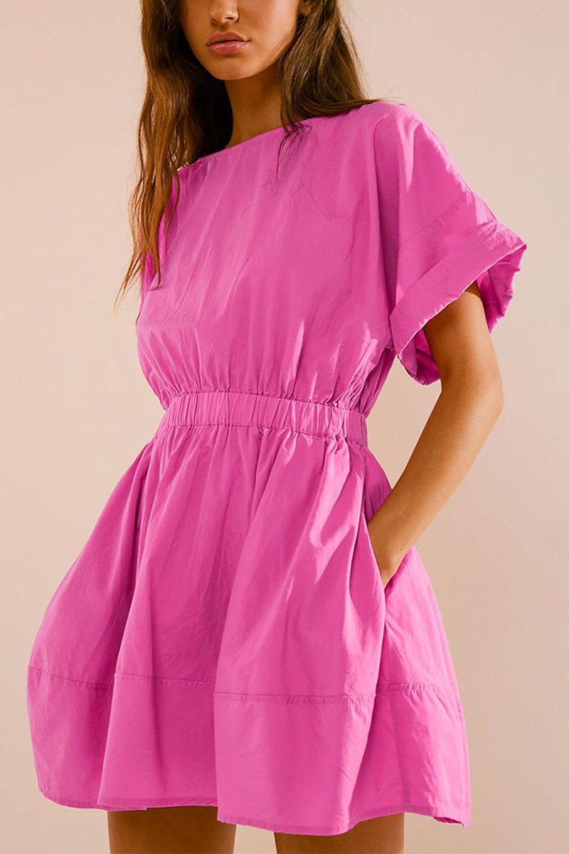 Women's Crew Neck Short Sleeve Casual Beach Sunshine Cotton Mini Dress