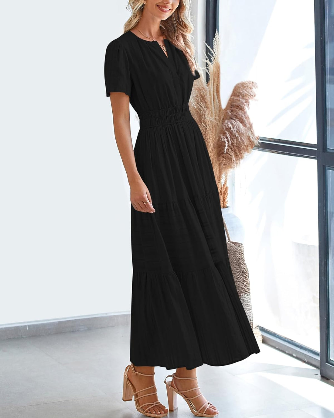 Womens Summer Lightweight Short Sleeve V Casual Midi Maxi Dresses