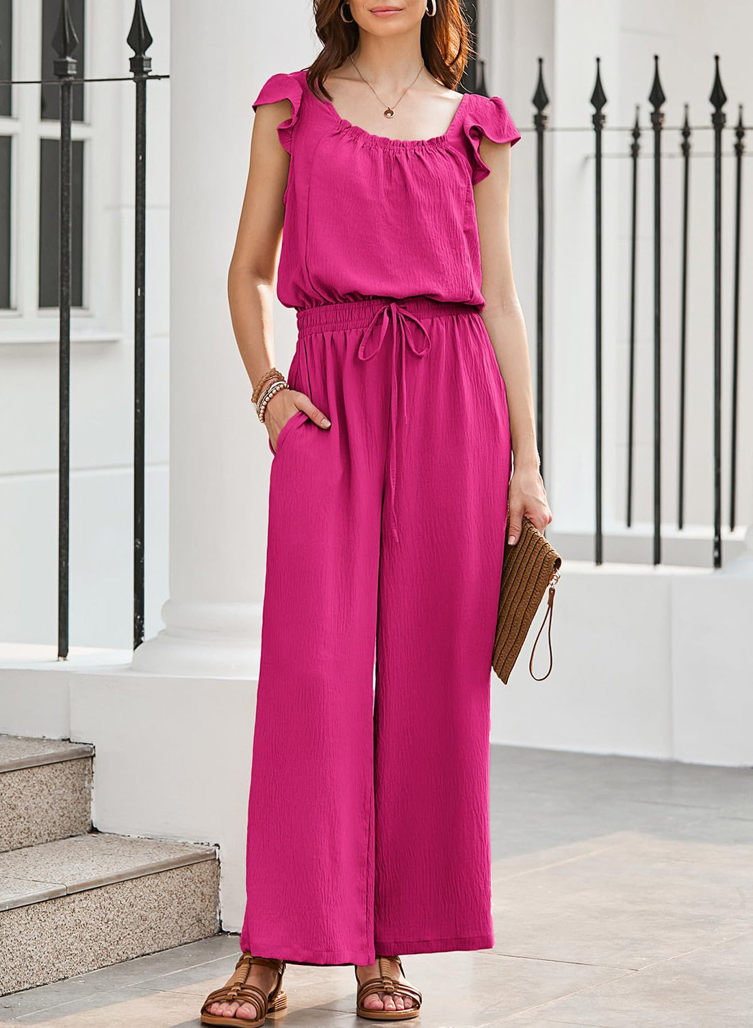 Women's Summer Ruffle Sleeves Square Neck Drawstring Overalls with Pockets