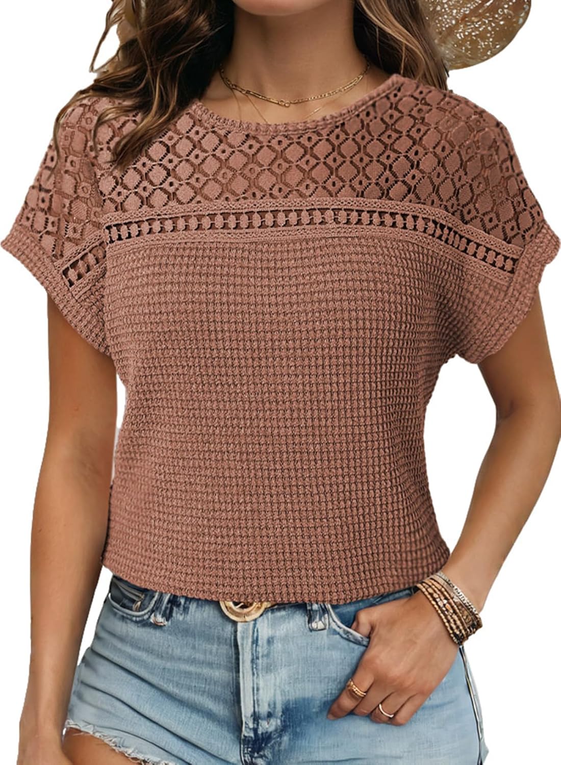 Women's Tops Casual Scoop Neck Short Sleeve Waffle Knit Hollow Out Shirts