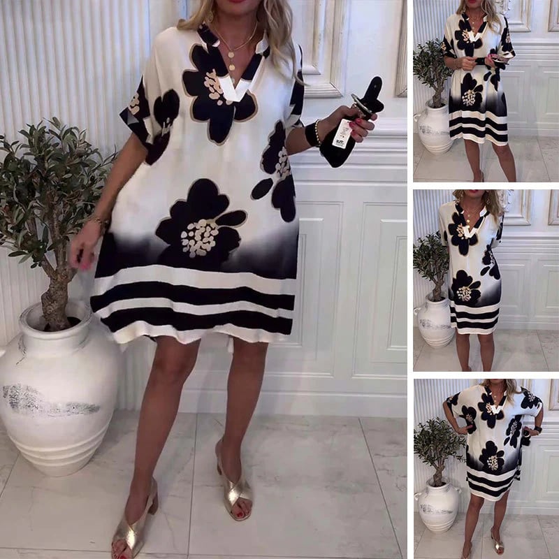 Women's Loose Dress With Deep V-Neckline And Print
