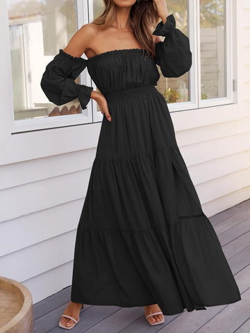 Women's Boho Sexy Off Shoulder Long Sleeve Smocked Side Split Tiered Maxi Dress