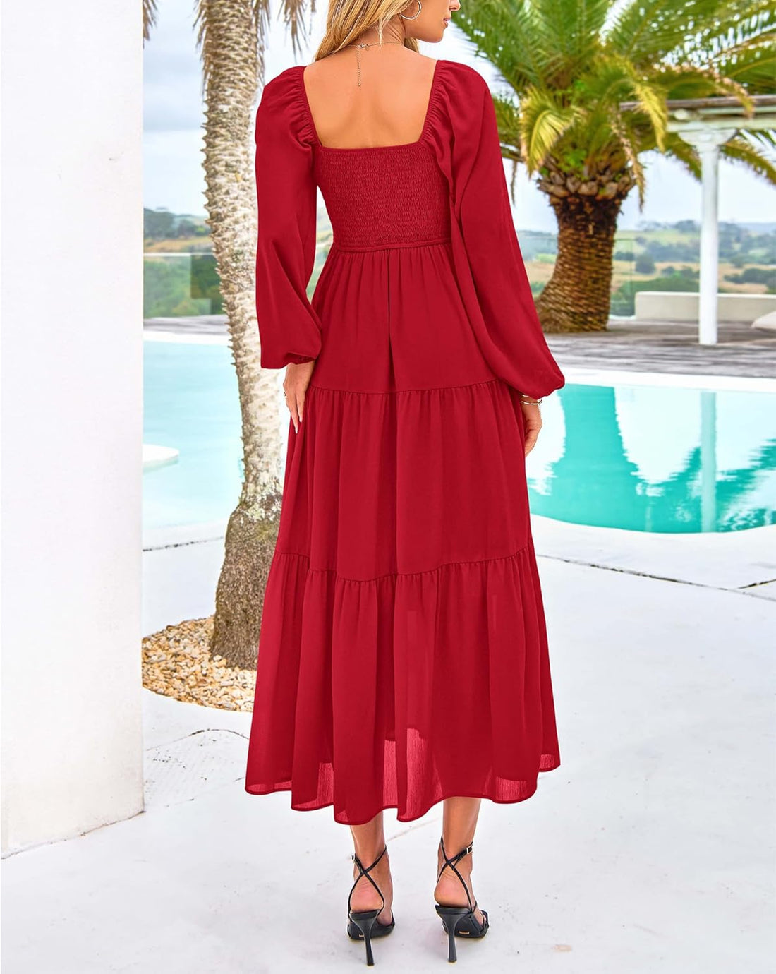 Women's Square Neck Puff Long Sleeve Smocked Tiered Flowy Maxi Dress