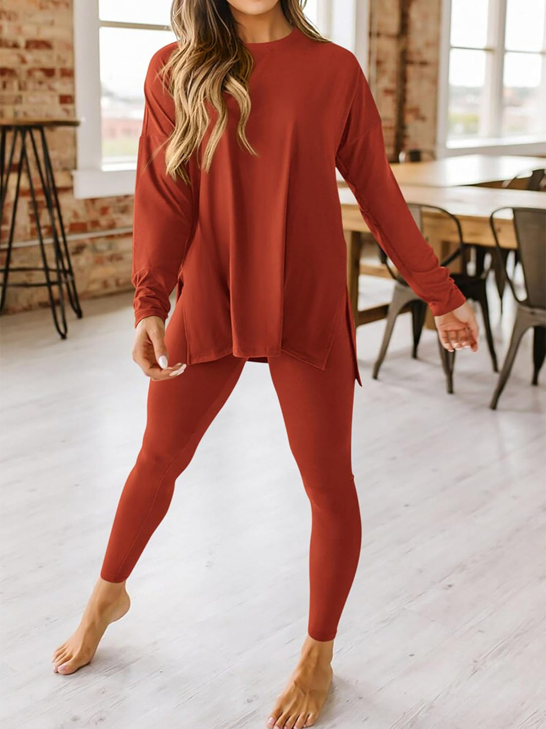 Women's 2 Piece Outfits Casual Long Sleeve Tunic Tops Legging Pants