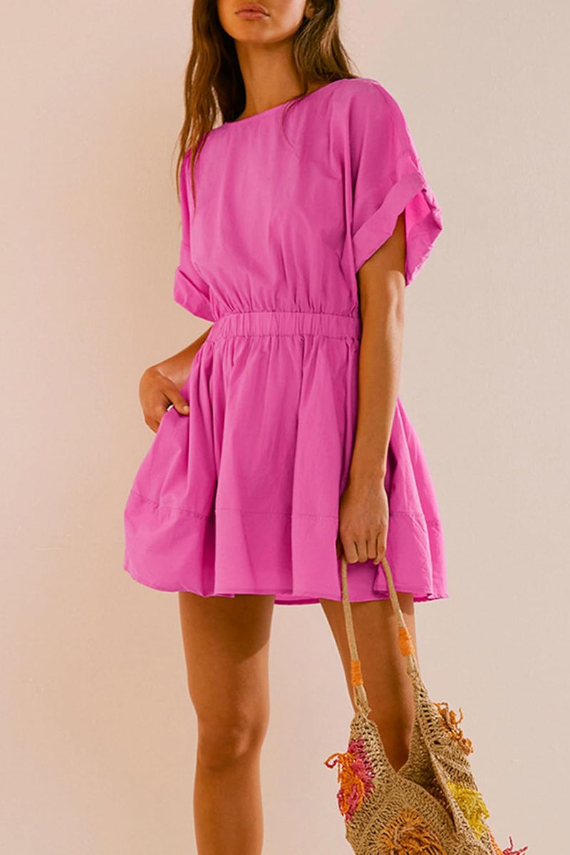 Women's Crew Neck Short Sleeve Casual Beach Sunshine Cotton Mini Dress
