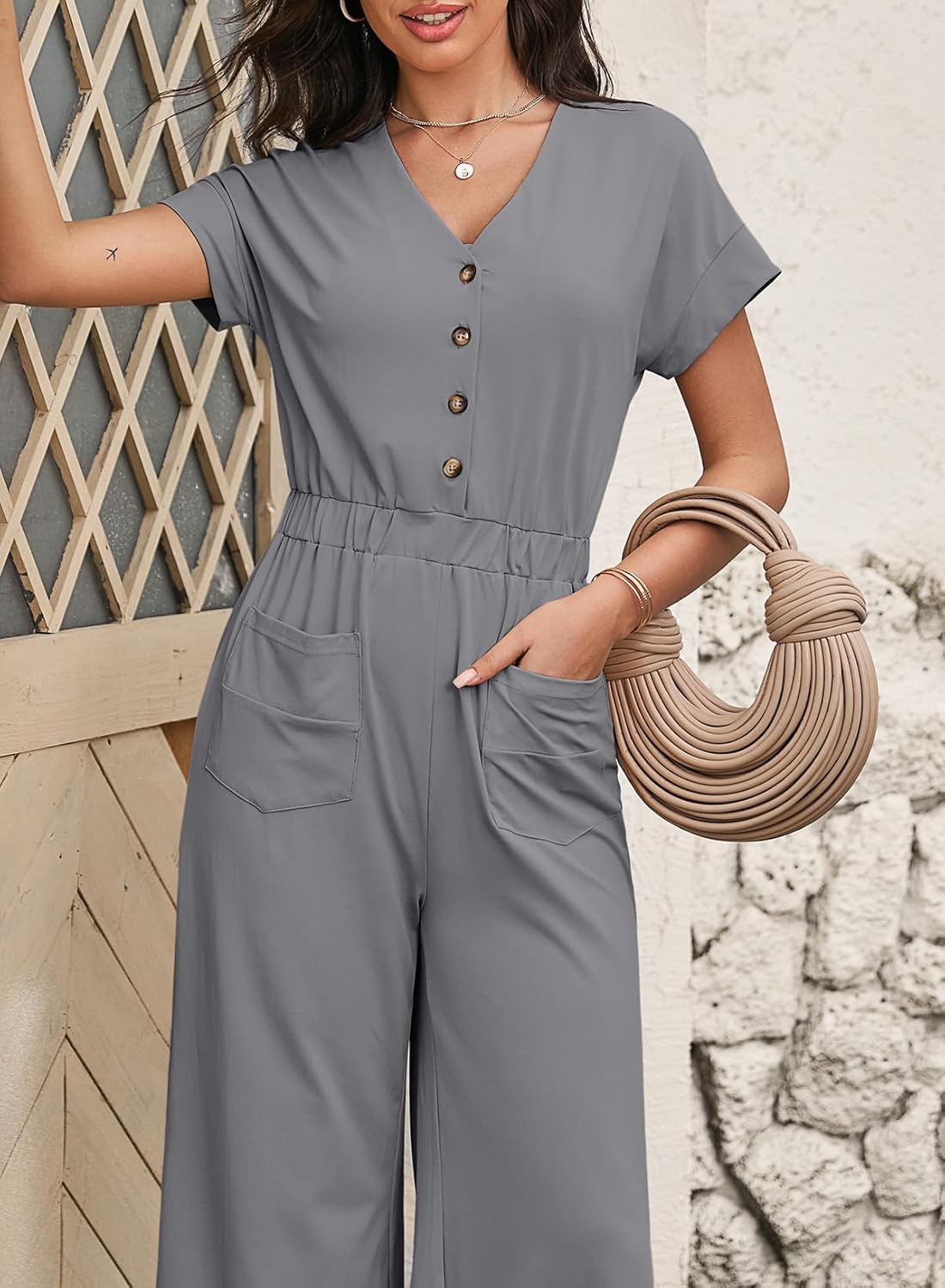 Women's Short Sleeves Button Down Wide Leg Jumpsuits with Pockets