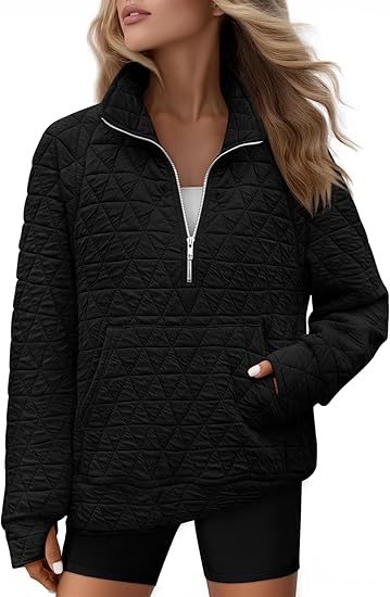 Women's Quilted Long Sleeve Quarter-Zip Pullover Sweatshirt with V-Neck Collar
