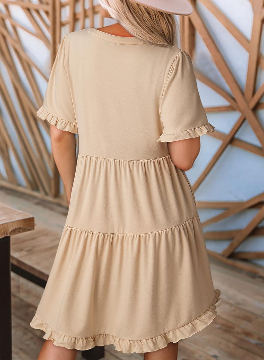 V Neck Short Sleeve Casual A Line Flowy Swing Shift Dress