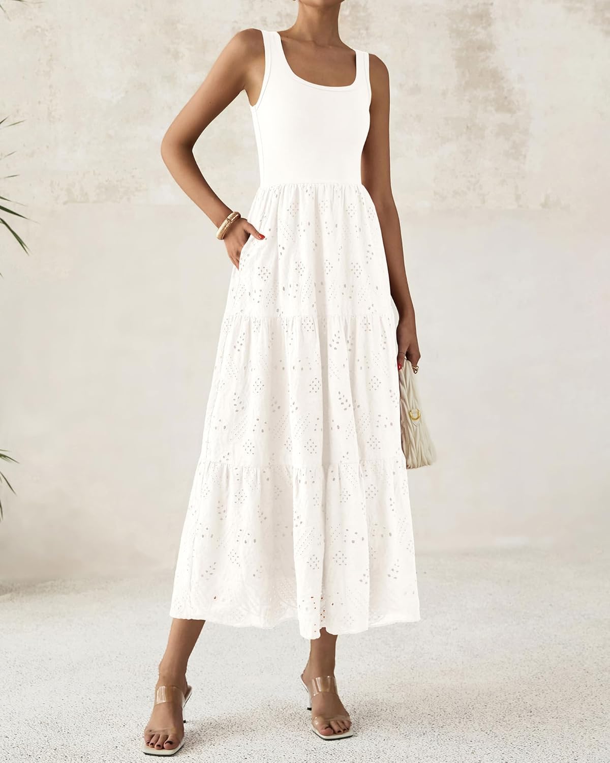 Women's Casual Sleeveless Eyelet Dress with Pockets
