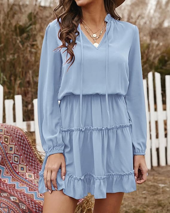 Women's Tie Neck High Waist Layered Ruffle Waist Mini Dress