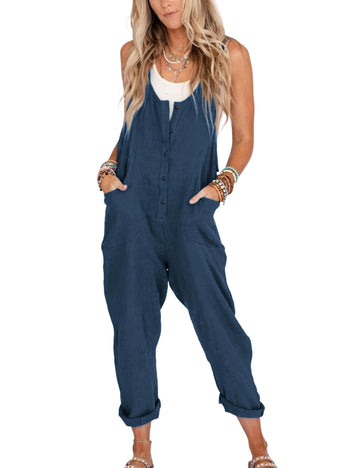 Women’s Summer Loose Pocket Button Jumpsuit