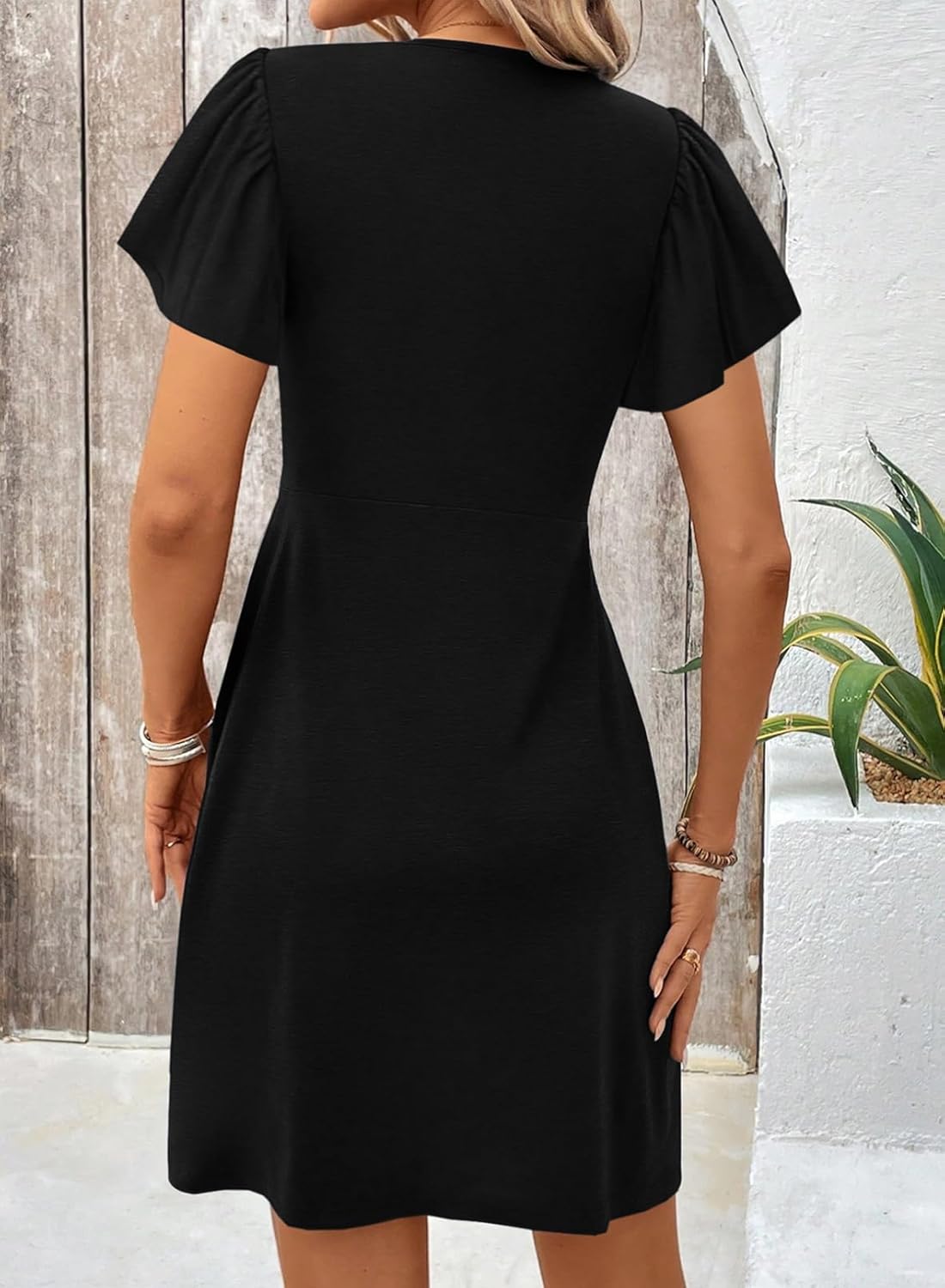 Womens Casual Summer Twist Front V Neck Short Sleeve Mini Dress