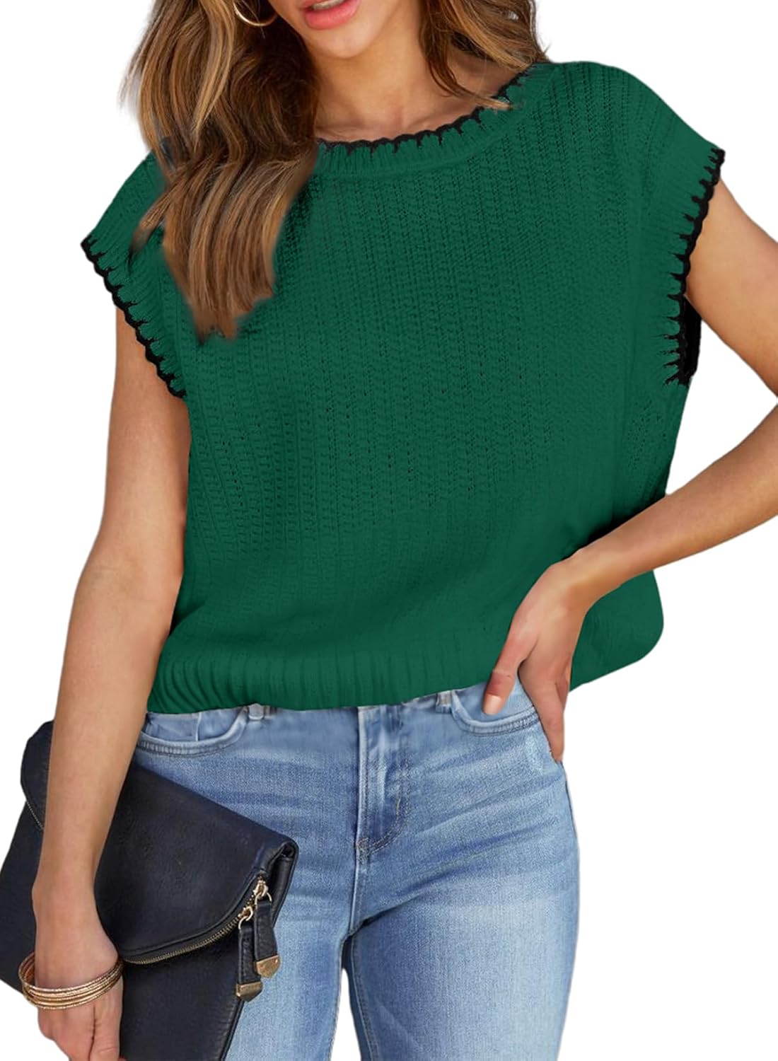 Women's Casual Crewneck Knit Cap Sleeve Sweater Vest