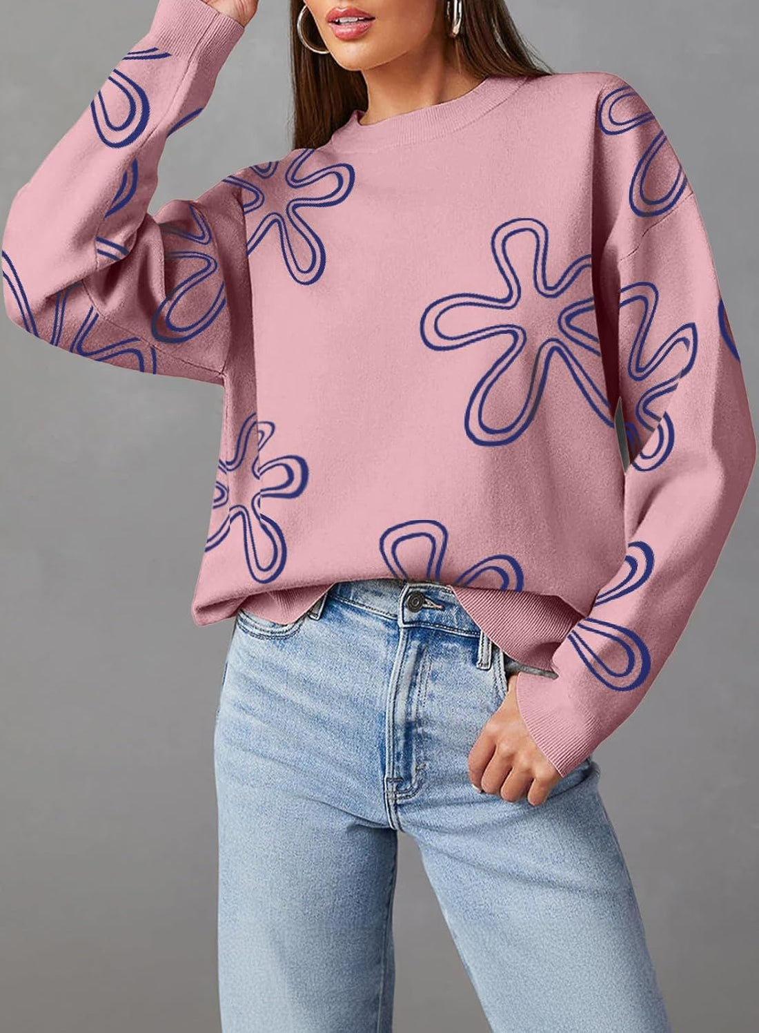 Women Casual Floral Print Cable Knit Sweater