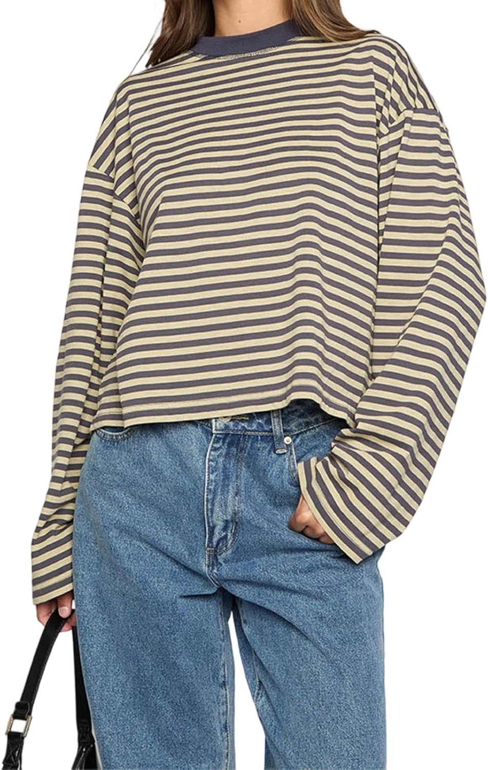 Women's Oversized Striped Cropped Long Sleeve Top