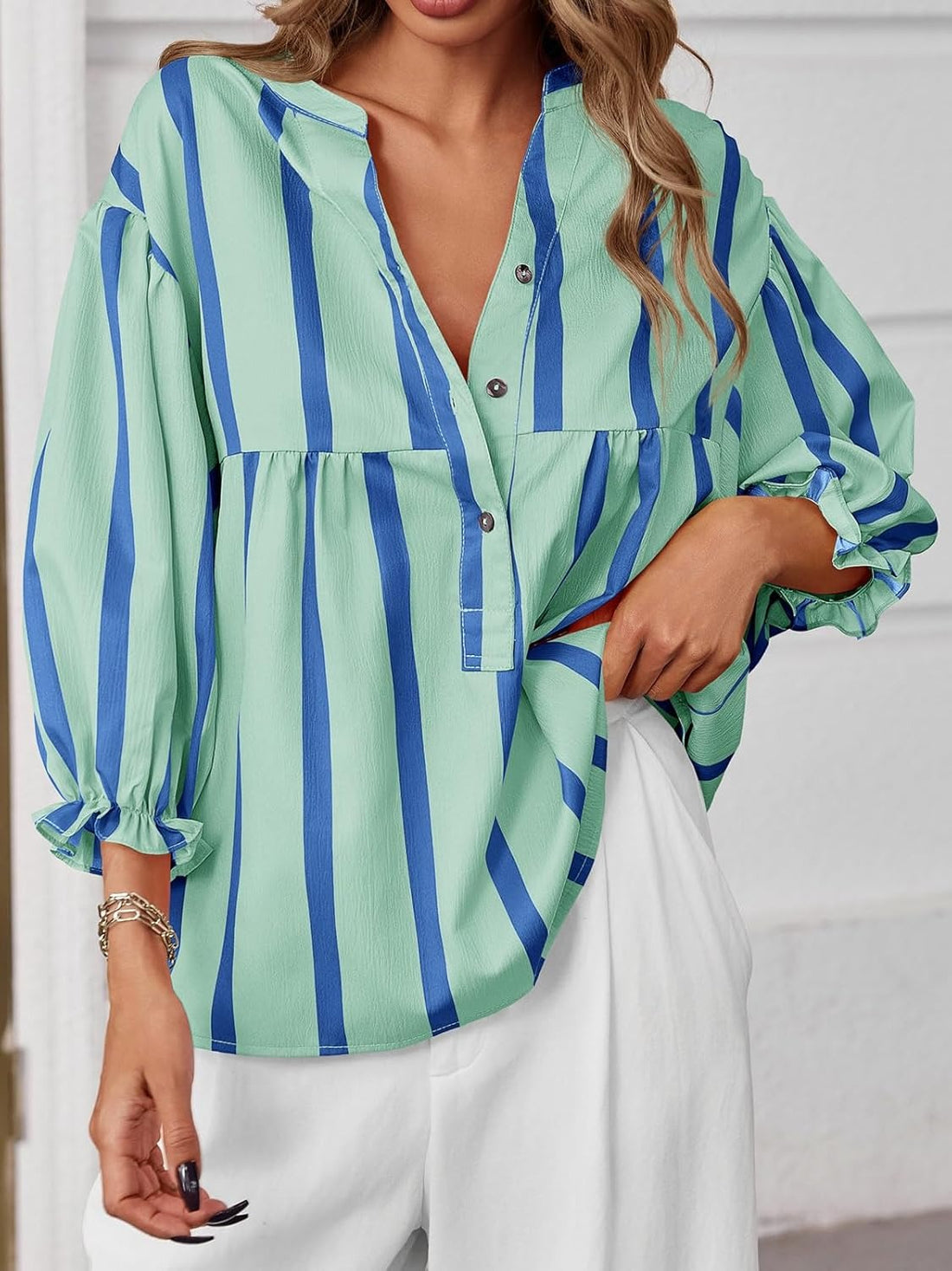 Women's Summer V Neck Puff Sleeve Striped Shirt Top