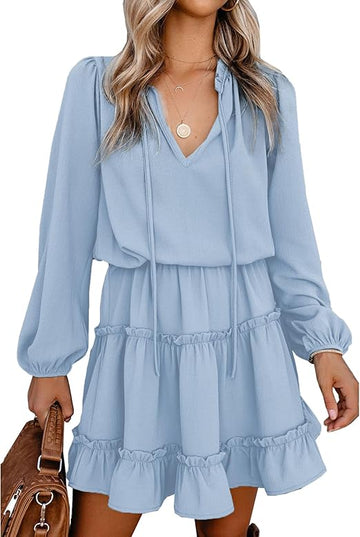 Women's Tie Neck High Waist Layered Ruffle Waist Mini Dress