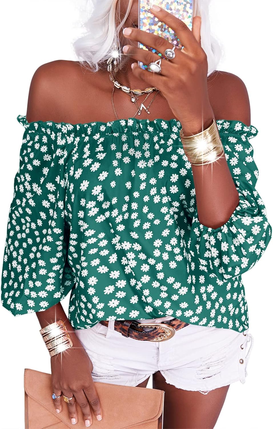 Womens Summer Off Shoulder Blouse Floral Print 3/4 Sleeve Casual Chiffon Tops Shirts