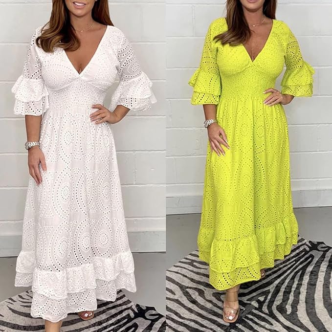 V-Neck Embroidery Anglaise Maxi Dress